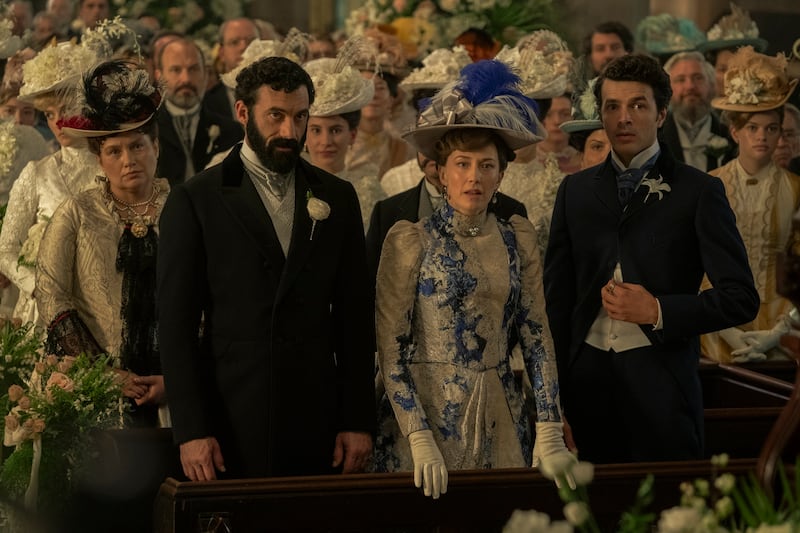 Morgan Spector, Carrie Coon and Harry Richardson in 'The Gilded Age' Season 3.