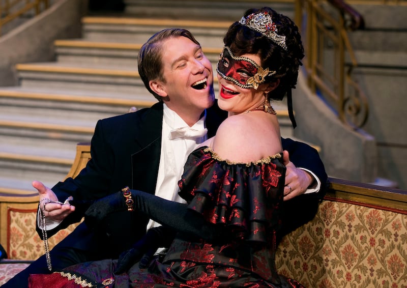 Daniel Belcher as Eisenstein and Sara Gartland as Rosalinde perform in a scene from Utah Opera's upcoming production, "Die Fledermaus," at the Capitol Theatre in Salt Lake City on Wednesday, May 2, 2018.