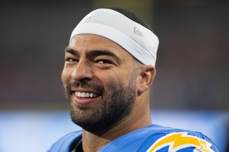 Los Angeles Chargers linebacker Kyle Van Noy (8) looks on during an NFL football game against the Kansas City Chiefs.