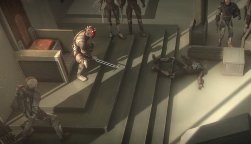 Darth Maul wields the Darksaber in “The Clone Wars.”