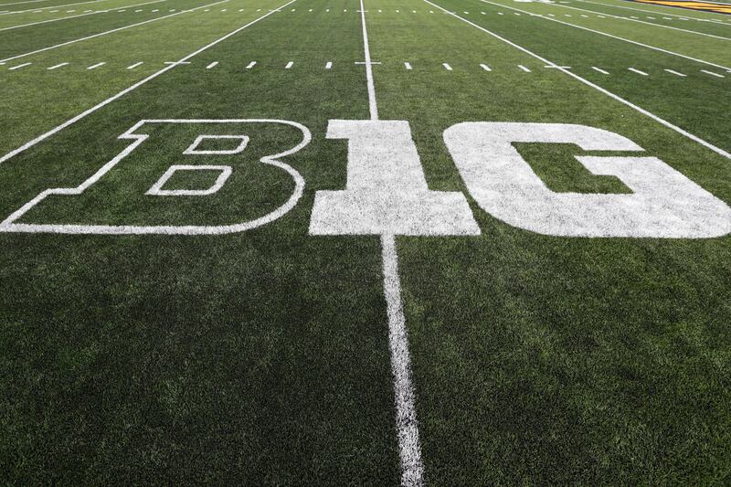 The Big Ten logo is displayed on the field before an NCAA college football game between Iowa and Miami of Ohio in Iowa City.