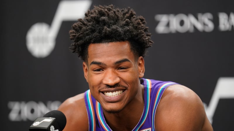 Utah Jazz’s Ochai Agbaji speaks during a news conference during the team’s media day, Monday, Sept. 26, 2022, in Salt Lake City.