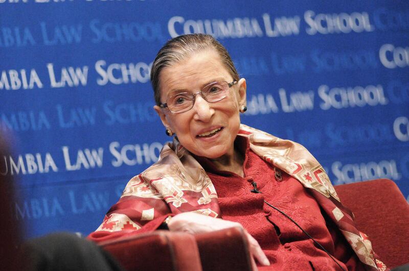 In a Friday, Feb. 10, 2012 photo provided by Columbia Law School, US Supreme Court Associate Justice Ruth Bader Ginsburg speaks at Columbia Law School in New York at a symposium marking the 40th anniversary of her joining the faculty as its first tenure-t