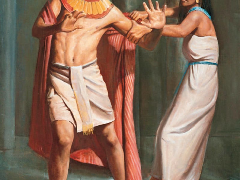 Virtue is demonstrated by Joseph of Egypt in this painting, "Joseph Resists Potiphar's Wife," by Del Parson.