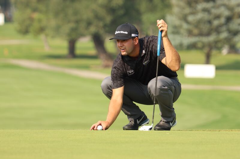 Taylor Montgomery sizes up a putt during the Korn Ferry Tour’s Utah Championship.