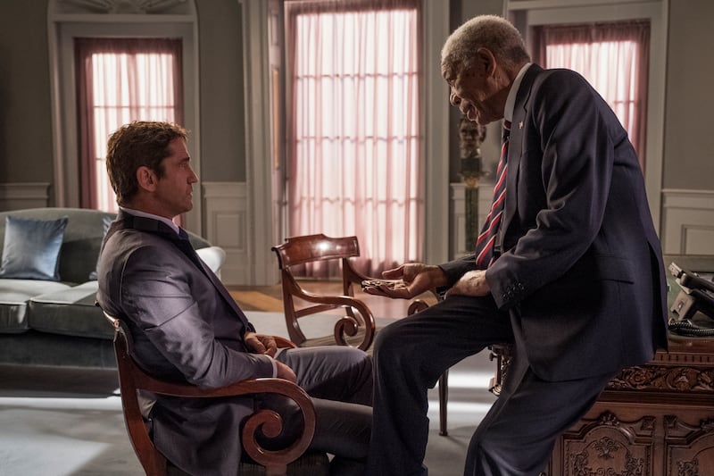 Gerald Butler as Mike Banning and Morgan Freeman as President Trumbull in “Angel Has Fallen.”