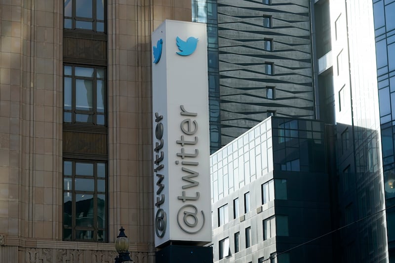 A Twitter headquarters sign is shown in San Francisco on Friday, Nov. 4, 2022.