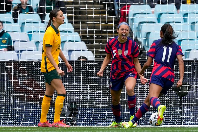 United States’ Ashley Hatch celebrates after scoring her team’s first goal during the international soccer match between the United States and Australia.