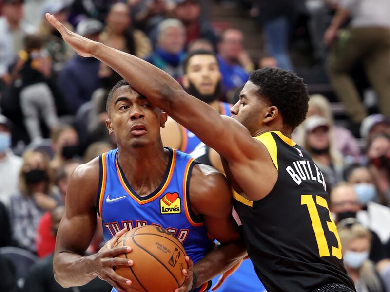 Utah’s Jared Butler defends OKC’s Theo Maledon.