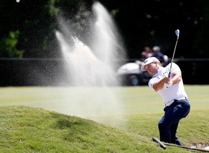Daniel Summerhays hits out of the sand to the eighth green during Zurich Classic at TPC Louisiana in Avondale, La., Sunday, April 29, 2018.