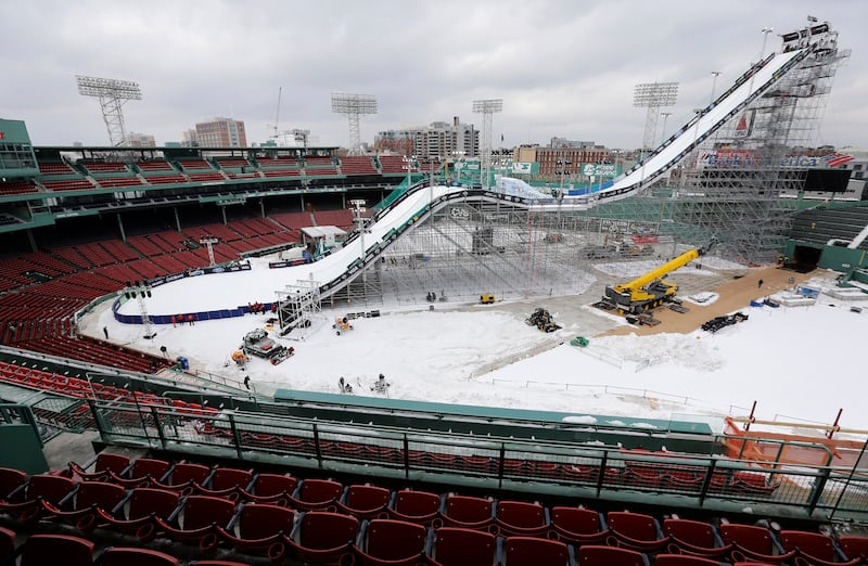 A ramp constructed for the Big Air skiing and snowboarding U.S. Grand Prix tour at Fenway Park in Boston.