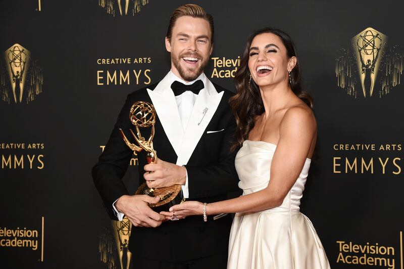 Derek Hough and Hayley Erbert at the Media Center during the third ceremony of the Television Academy's Creative Arts Emmy Awards in Los Angeles.