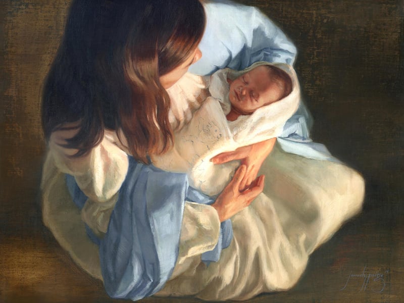 "It came as I pondered on the relationship of Mary and Christ, and how they needed each other," Paige said on her website of her newest painting, "Deliverance." "I also wanted to include the Father by taking an angelic perspective to the piece."