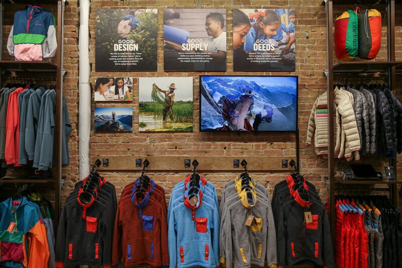FILE - Cotopaxi products are displayed in the retail space at the company's headquarters in Salt Lake City on Wednesday, March 14, 2018.