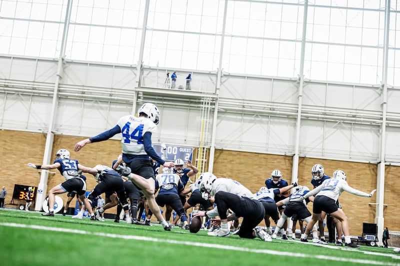 BYU kicker Will Ferrin attempts a field goal during spring practice at BYU’s Indoor Practice Facility in Provo.