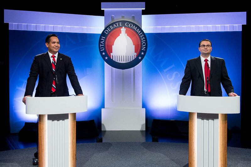 Utah Attorney General hopefuls Sean Reyes and Charles Stormont debate at KBYU Studios in Provo, Wednesday October 1, 2014.
