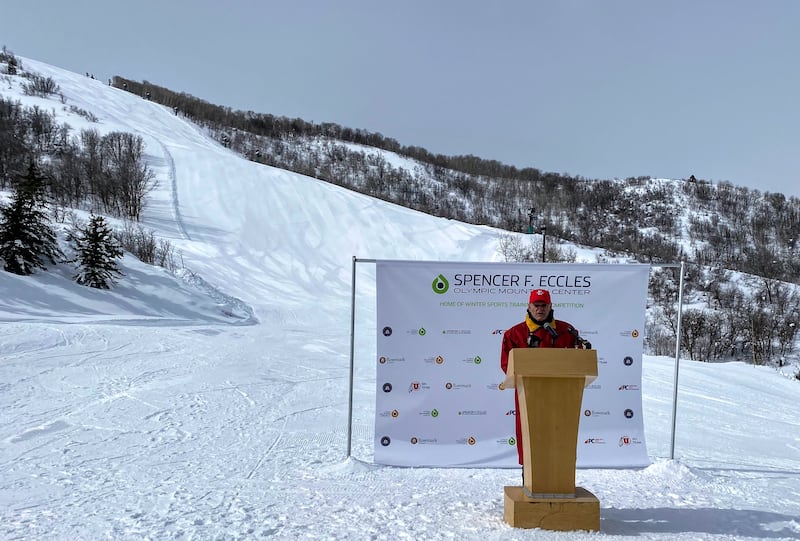 Flanked by new ski terrain, Spencer F. Eccles speaks at grand opening of Spencer F. Eccles Olympic Mountain Center.
