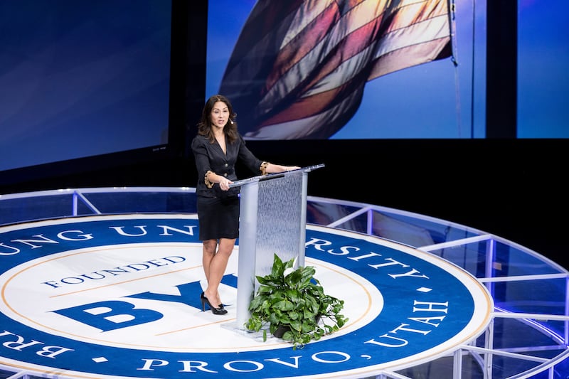Amy Chua speaks during a forum assembly in the Marriott Center at Brigham Young University on Tuesday, March 29, 2022.