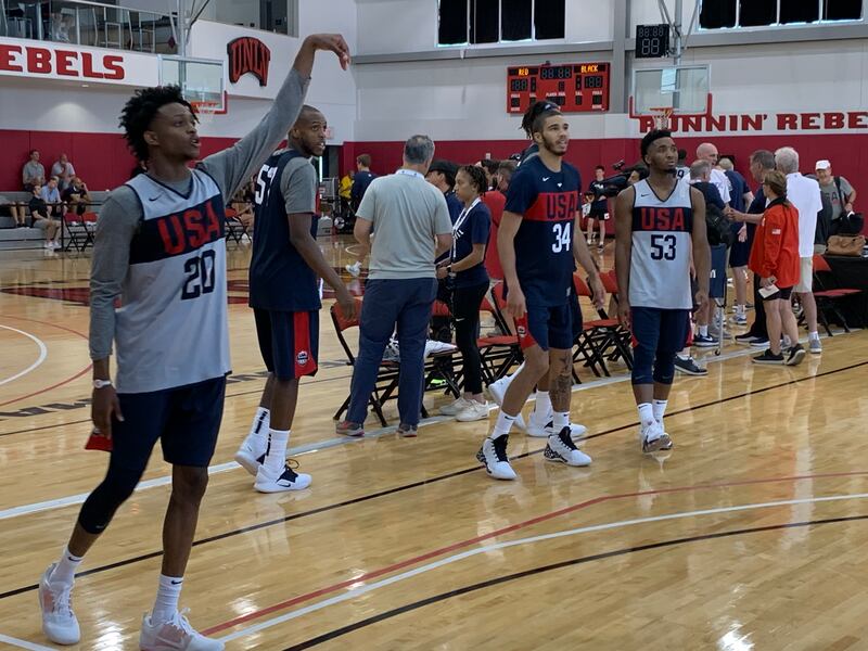 Utah Jazz guard Donovan Mitchell (No. 53) participates in training camp for the USA men's national team on Monday, Aug. 5, 2019 in Las Vegas alongside his 2017 NBA draft classmates De'Aaron Fox and Jayson Tatum.