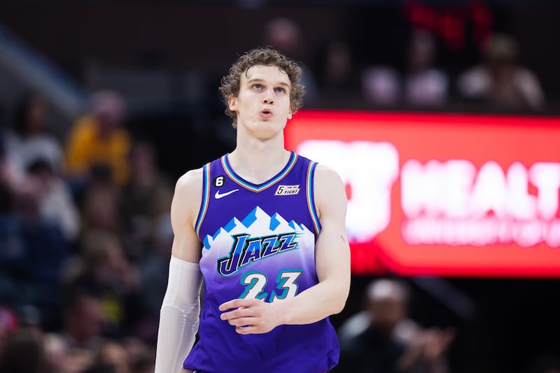 Utah Jazz forward Lauri Markkanen looks on
