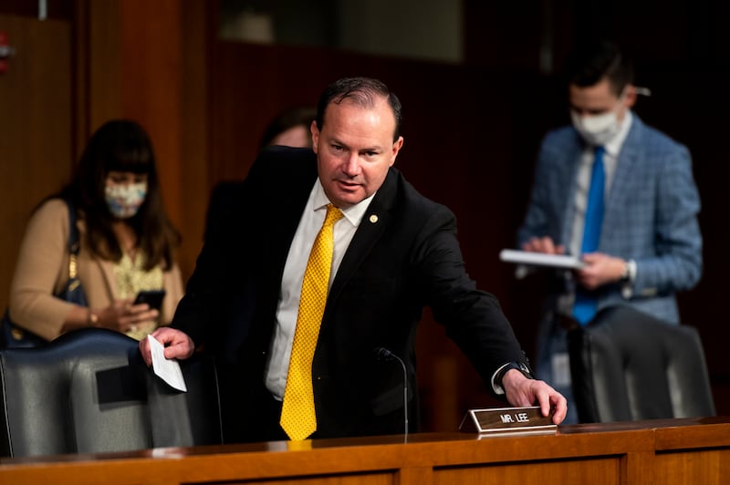 Sen. Mike Lee, R-Utah., arrives for a Senate Judiciary Committee hearing on voting rights in Washington.