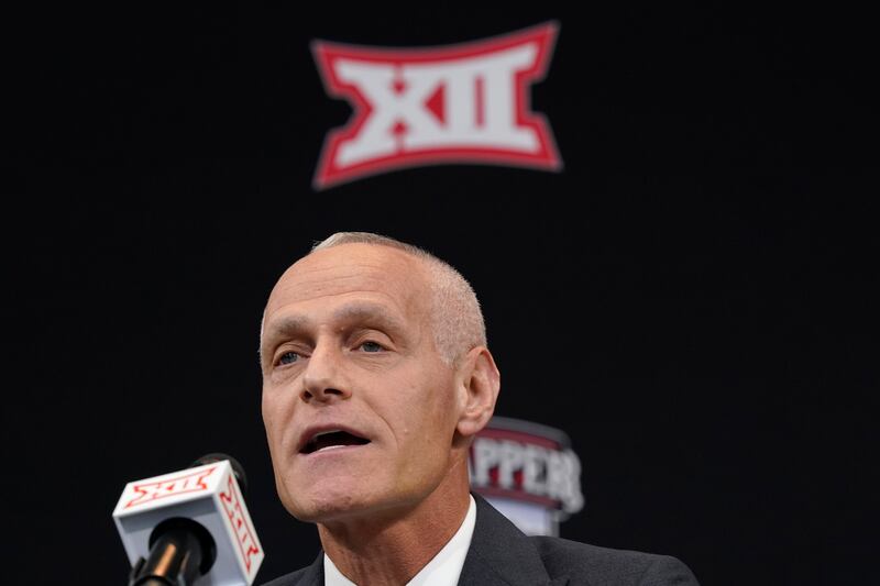 Big 12 commissioner Brett Yormark speaks during a news conference opening the conference’s football media days in Texas.