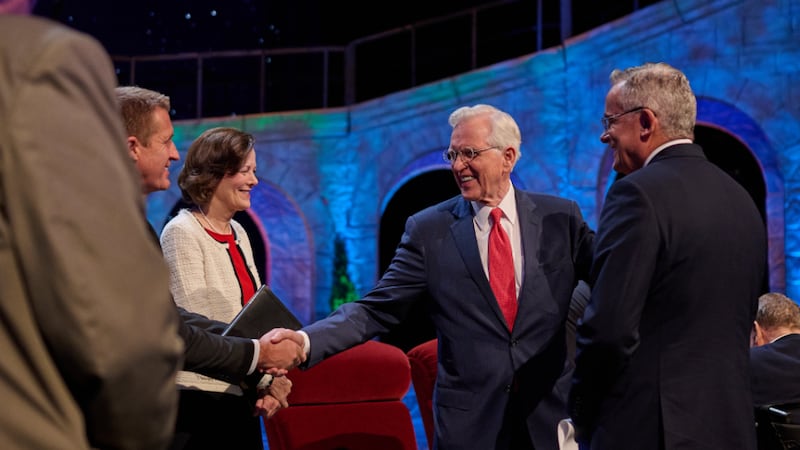 President D. Todd Christofferson shakes hands with Young Men General President Timothy L. Farnes during the filming of the First Presidency's Christmas Devotional, which was broadcast on Sunday, Dec. 7, 2025. Elder Patrick Kearon and Primary General President Susan H Porter are also pictured.