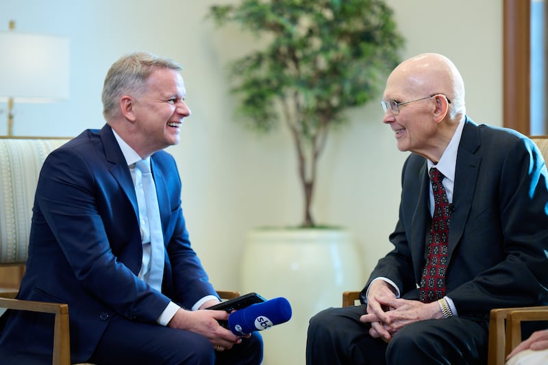 President Dallin H. Oaks, right, is interviewed by SBT News anchor Leandro Magalhães on Aug. 15, 2026, in Brazil.