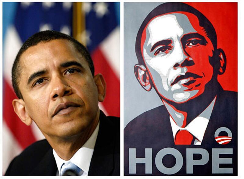 In this April 27, 2006 file photo, a poster of President Barack Obama, right, by artist Shepard Fairey is shown for comparison with this file photo of then-Sen. Barack Obama by Associated Press photographer Manny Garcia at the National Press Club in Wash