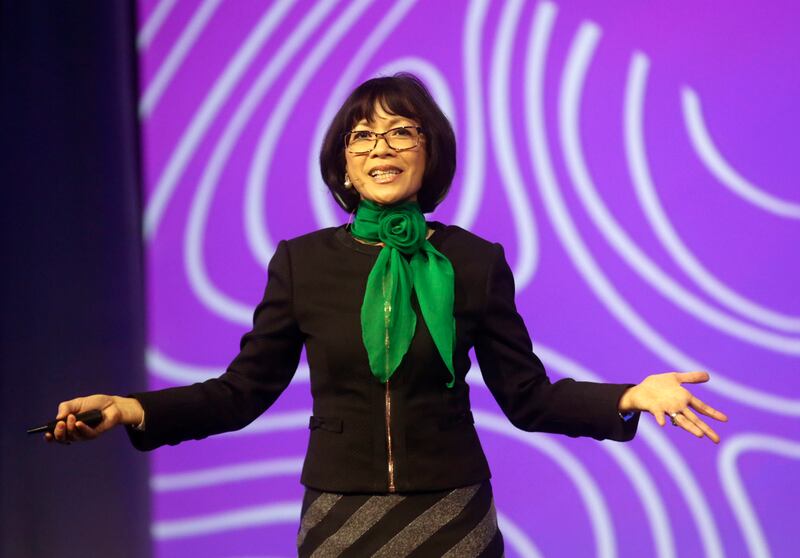 Astrid S. Tuminez, Utah Valley University president, speaks at the Silicon Slopes Tech Summit at the Salt Palace Convention Center in Salt Lake City on Friday, Feb. 1, 2019.