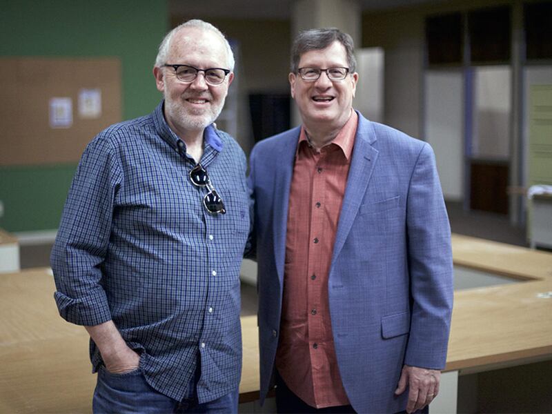 Best-selling author, Lee Strobel, right, and writer, Brian Bird on set of “The Case for Christ,” coming to theaters April 7, 2017.
