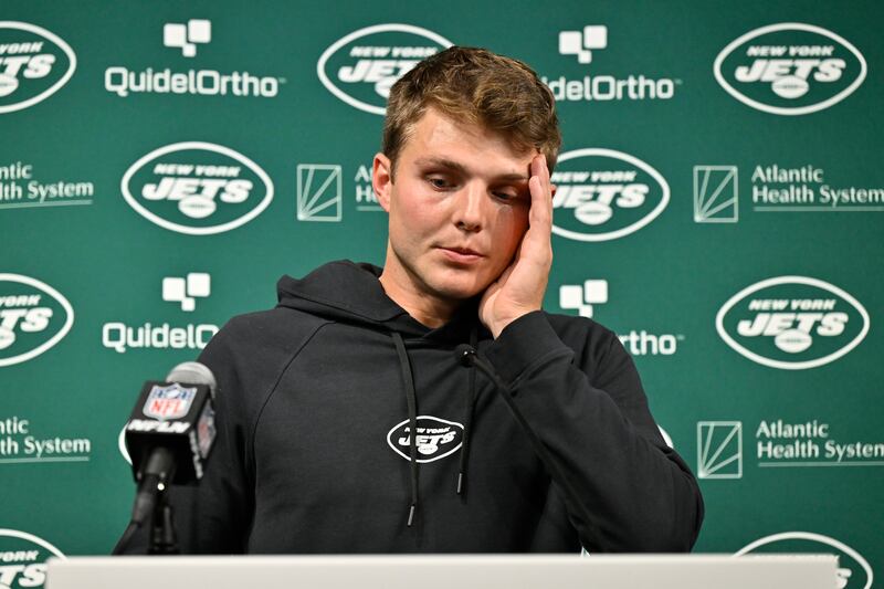 New York Jets QB Zach Wilson speaks during a news conference following a game against the Las Vegas Raiders on Nov. 12, 2023.