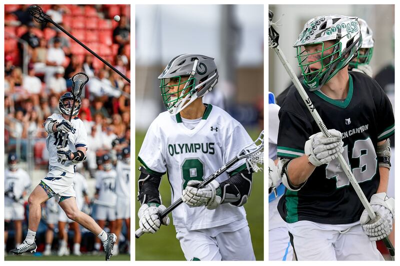 Jon King, Corner Canyon; Hutton Murphy, Olympus; Weston Christensen, Green Canyon playing lacrosse