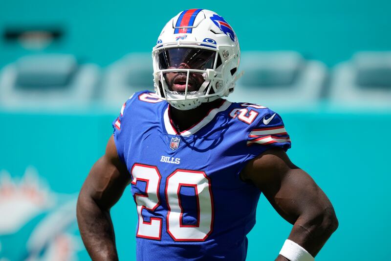 Buffalo Bills running back Zack Moss (20) warms up before an NFL football game against the Miami Dolphins, Sunday, Sept. 25, 2022, in Miami Gardens, Fla. Moss was traded to the Indianapolis Colts on Tuesday.