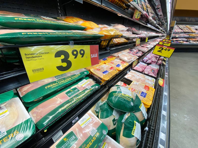 Chicken is pictured on the shelves of a local grocery store in Salt Lake City.