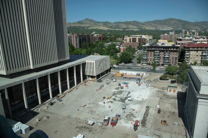 The fountain on the Church Office Building Plaza being removed in Salt Lake City, Utah in June 2021.