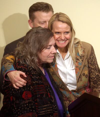 Valley View Elementary School teacher Moana Patterson hugs Tiffany Ivans Spence, parent of a student, during a press conference at the Capitol in Salt Lake City on Monday, March 11, 2019, after Patterson addressed the media regarding what she says was a m