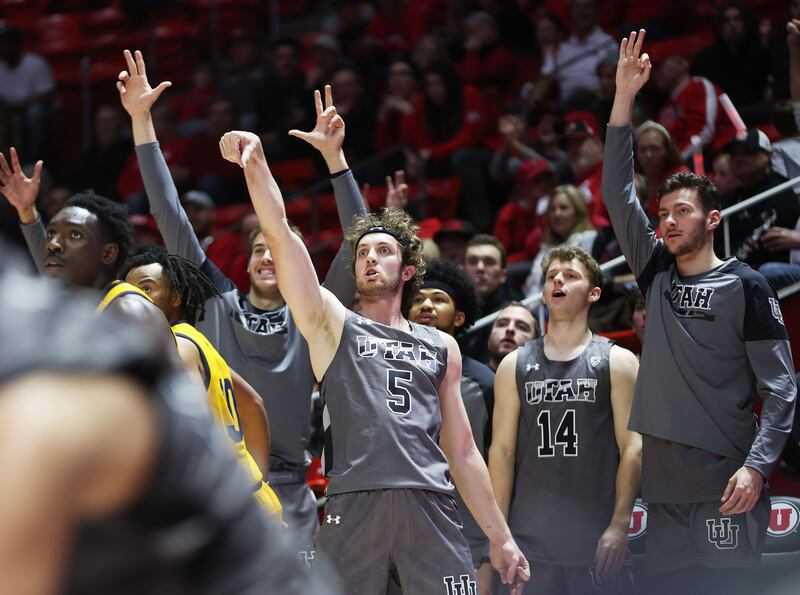 Utah Utes guard Jaxon Brenchley (5) eyes a 3-pointer in Salt Lake City on Sunday, Feb. 5, 2023.