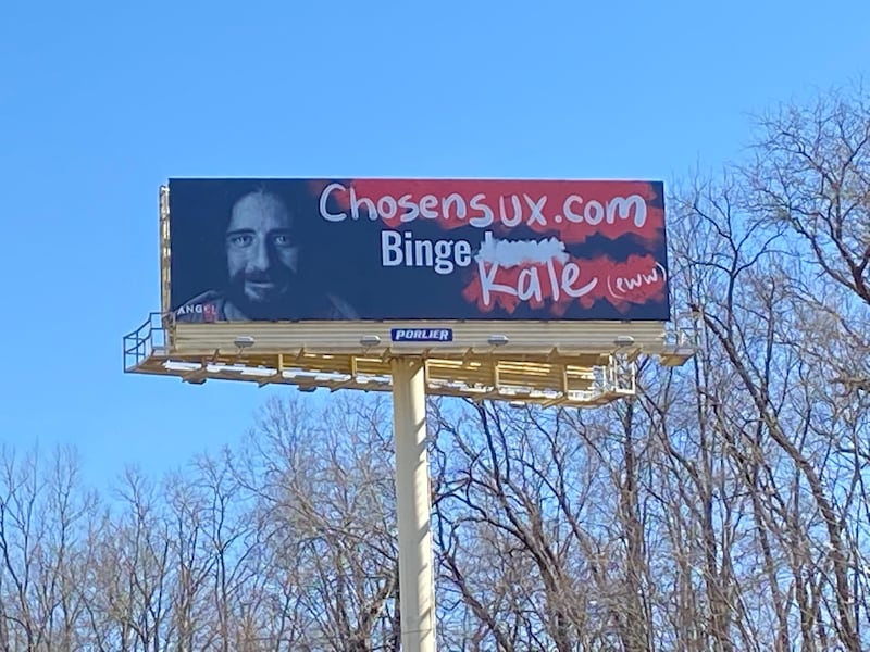 One of the intentionally “defaced” billboards used in “The Chosen” marketing campaign.