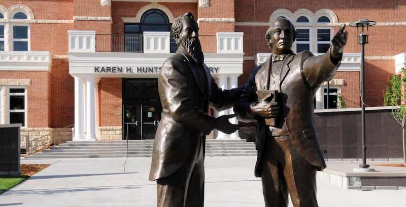 Statues in front of the college namesakes, Lorenzo and Erastus Snow in front of the Karen H. Huntsman Library at Snow College.