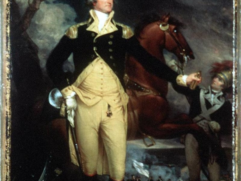 This undated handout photo shows a 1792 oil painting by John R.Trumbull. The painting depicting President George Washington before the Battle of Trenton.