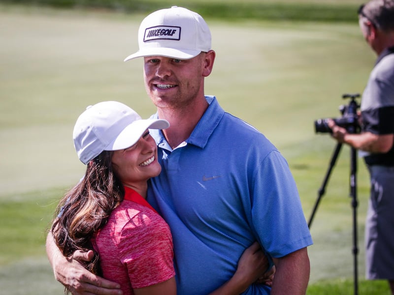 Former BYU golfer Patrick Fishburn, shown here hugging his wife, Madison, after winning the Utah Open in 2017, is a Korn Ferry Tour regular who will compete in the 2020 Utah Championship at Oakridge Country Club in Farmington, Utah, this week.