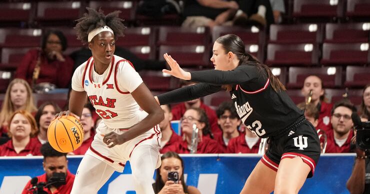 Indiana forward Lilly Meister (52) defends against Utah forward Maye Toure (21) during the first half in the first round of the NCAA college basketball tournament, Friday, March 21, 2025, in Columbia, S.C.