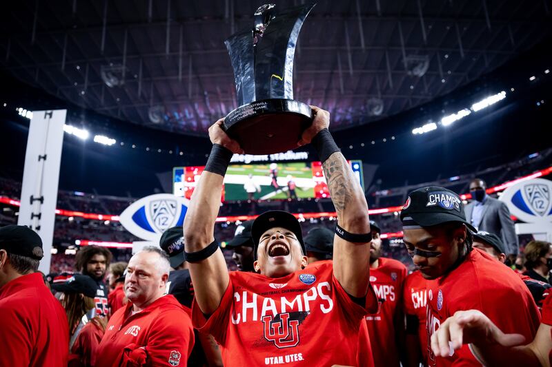 Utah Utes running back Micah Bernard (2) celebrates after Utah beat the Oregon Ducks in the Pac-12 championship game.