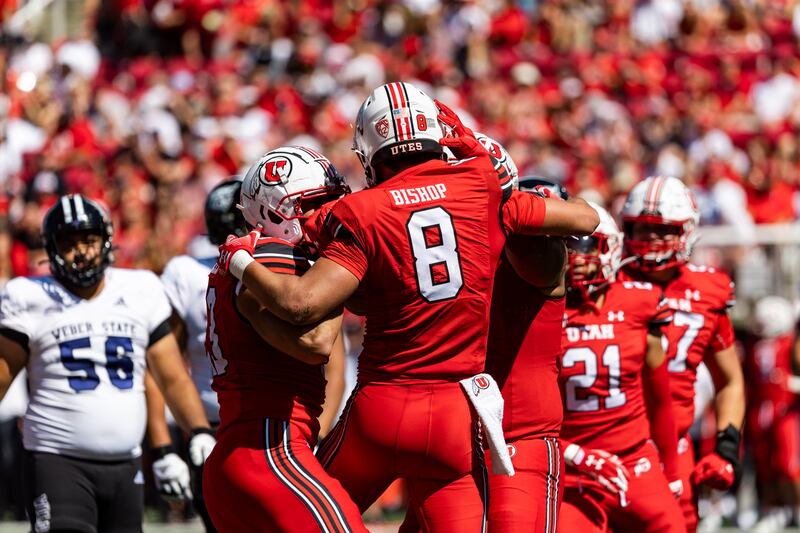 Utah Utes teammates celebrate Utah Utes safety Cole Bishop (8) after he sacked Weber State Wildcats quarterback.