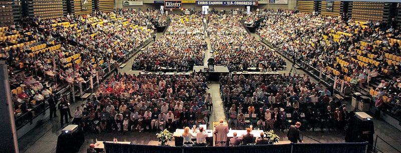 Delegates meet for the call to order during the 3008 Utah Republican Convention at the McKay Center in Orem.