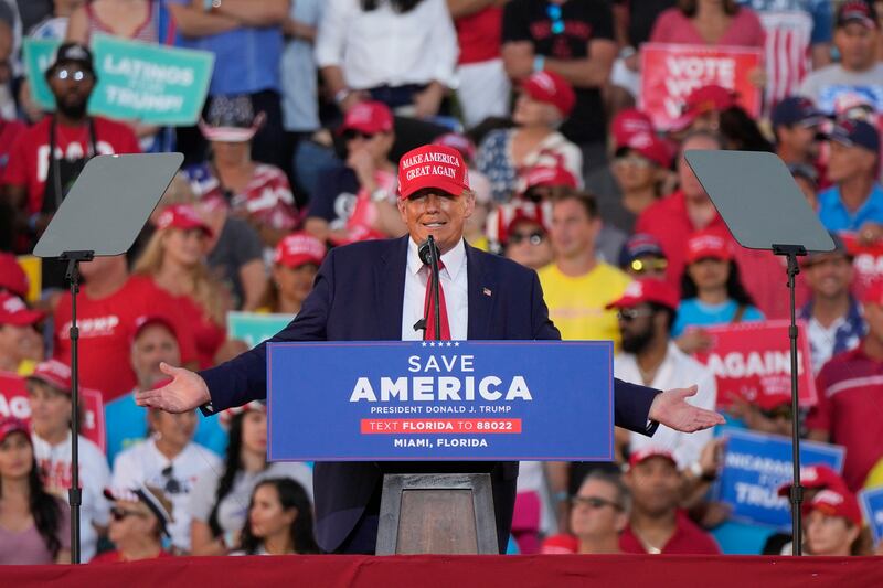 Former President Donald Trump speaks at a campaign rally in support of the campaign of Sen. Marco Rubio, R-Fla., on Nov. 6.