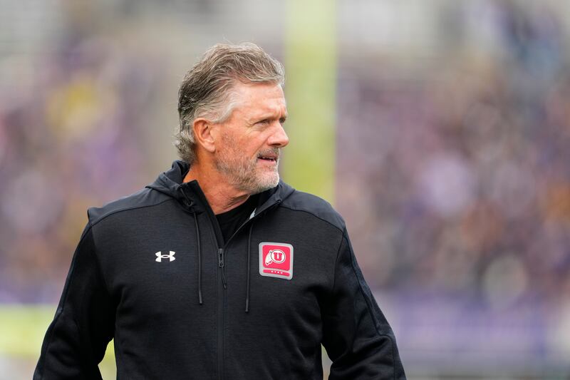 Utah coach Kyle Whittingham looks on before a game against Washington on Nov. 11, 2023, in Seattle.