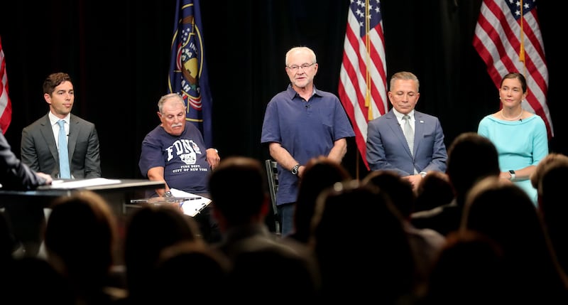Rainer Huck answers a question during a debate with other Salt Lake City mayoral candidates in Salt Lake City on Monday, July 15, 2019. The debate was broadcast live from KSL-TV studios.