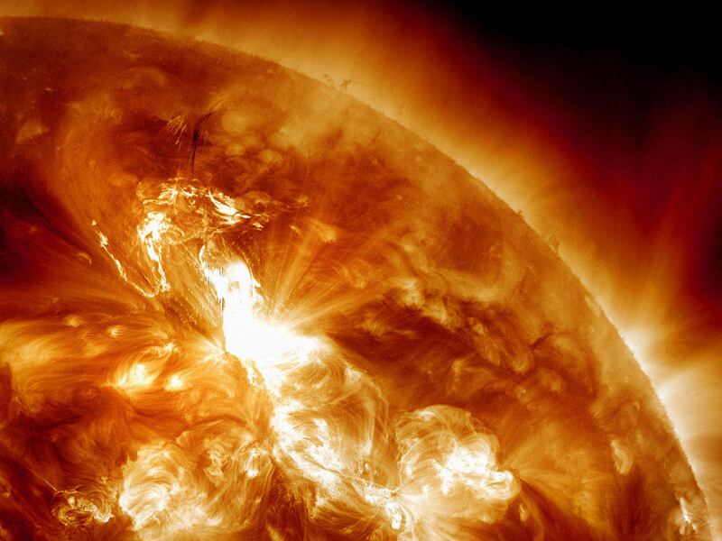This image from Jan. 2012 provided by NASA shows a solar flare erupting on the Sun’s northeastern hemisphere.